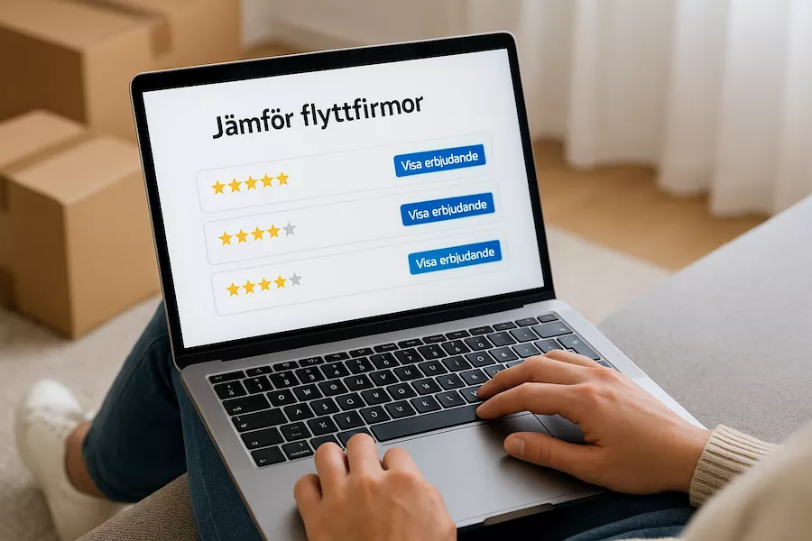Person sitter med laptop och jämför flyttfirmor online inför flytt